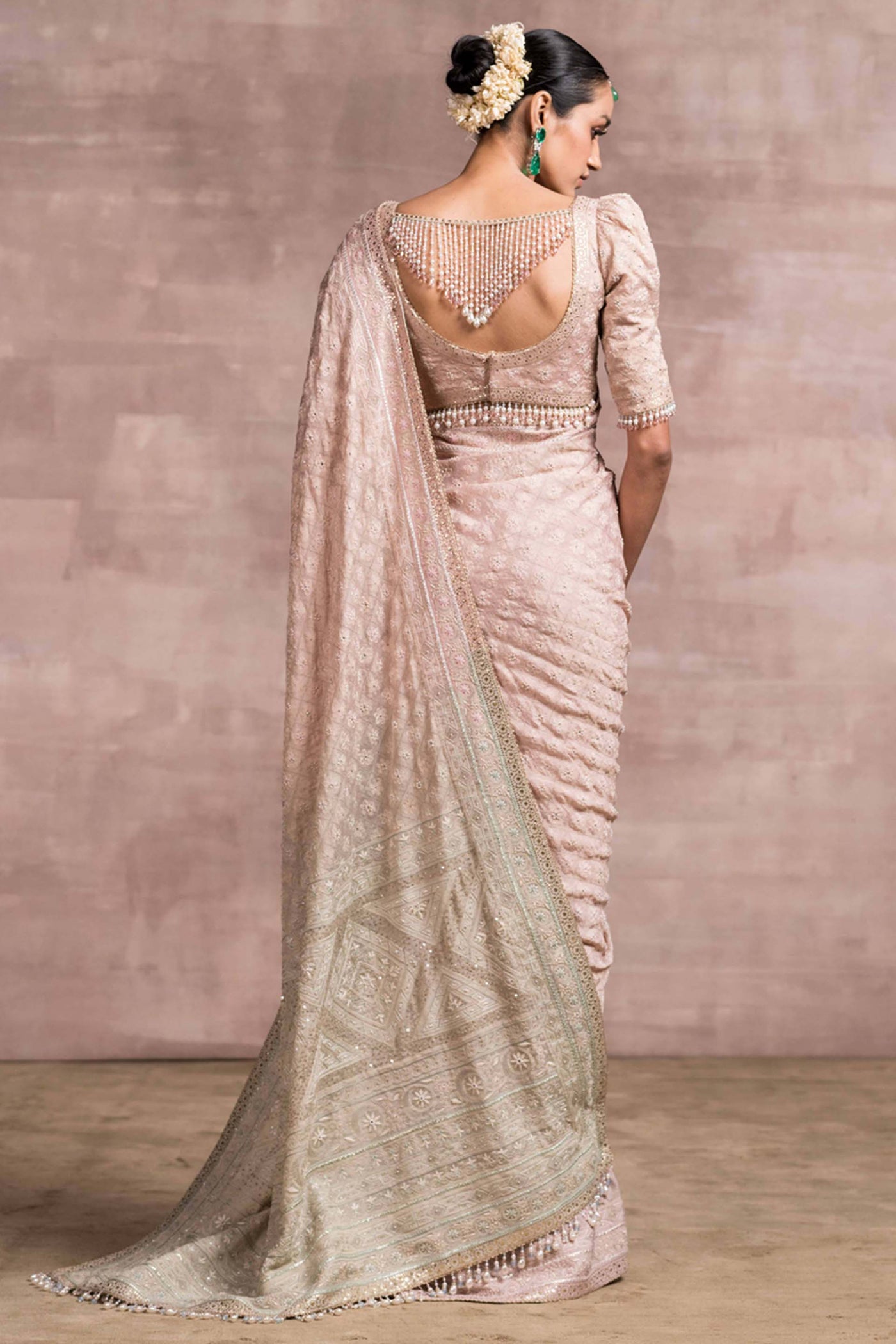 Tarun Tahiliani Ombré-Shaded Chikankari Saree With Matching Retro-Style Blouse gold peach bridal wedding occasion indian designer wear online shopping melange singapore