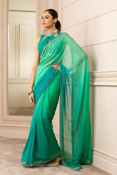 Tarun Tahiliani Ombré Chiffon Saree With Fluted Blouse green festive occasion indian designer wear online shopping melange singapore