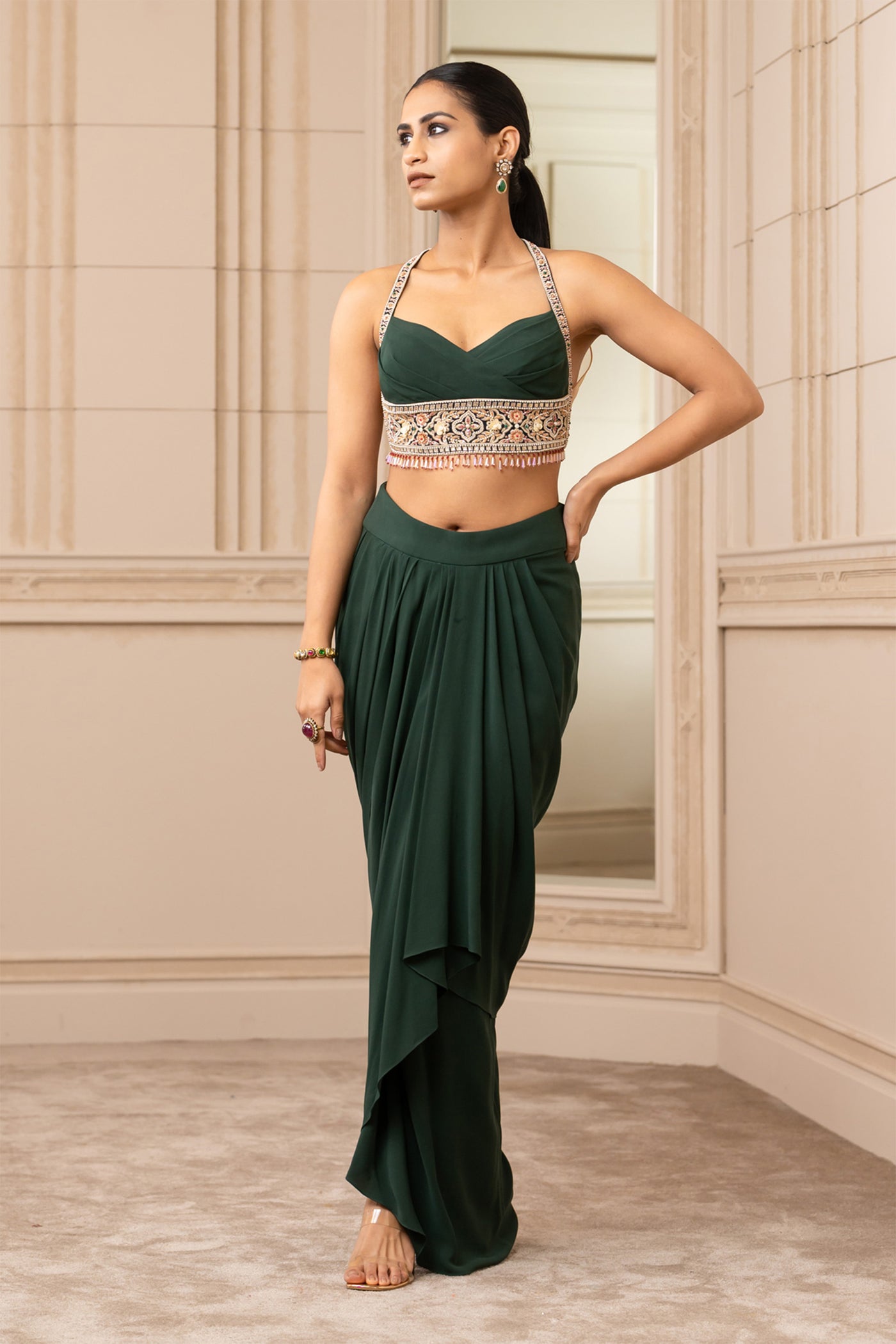 Tarun Tahiliani Ombré Printed Cape With Draped Skirt green fusion indian designer wear online shopping melange singapore