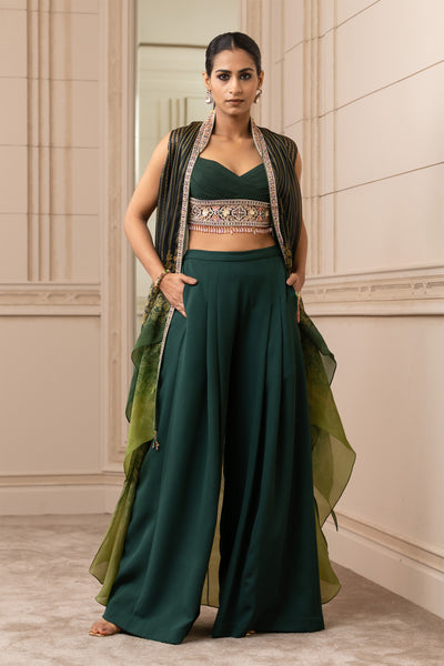 Tarun Tahiliani Ombré Printed Cape With Matching Trousers green fusion indian designer wear online shopping melange singapore