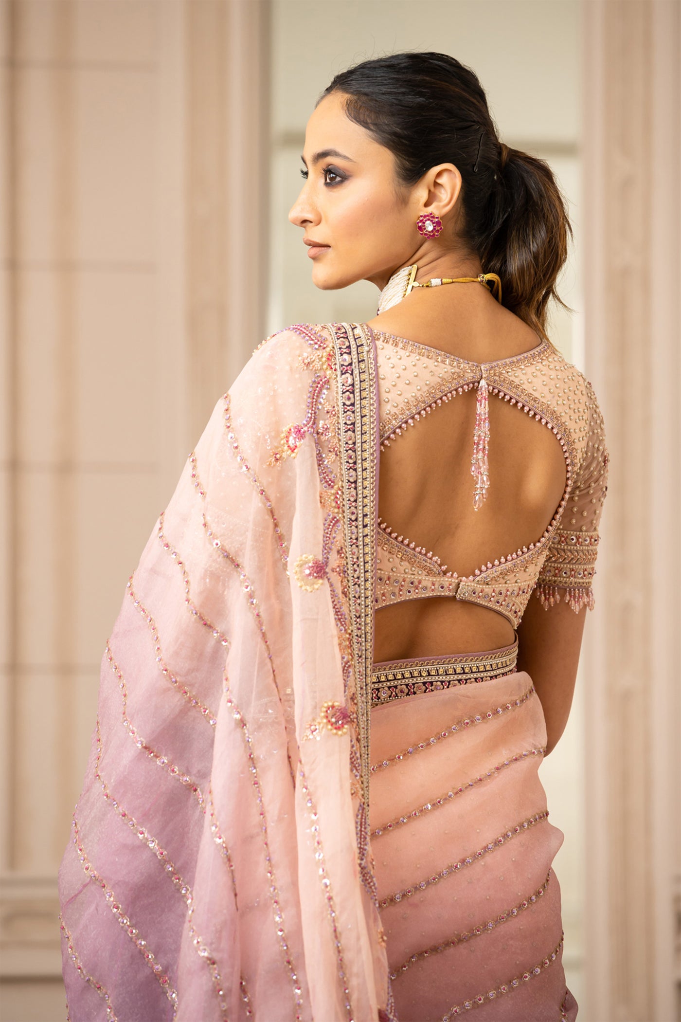 Tarun Tahiliani Ombré Two-Piece Saree With Embroidery peach purple online shopping melange singapore indian designer wear