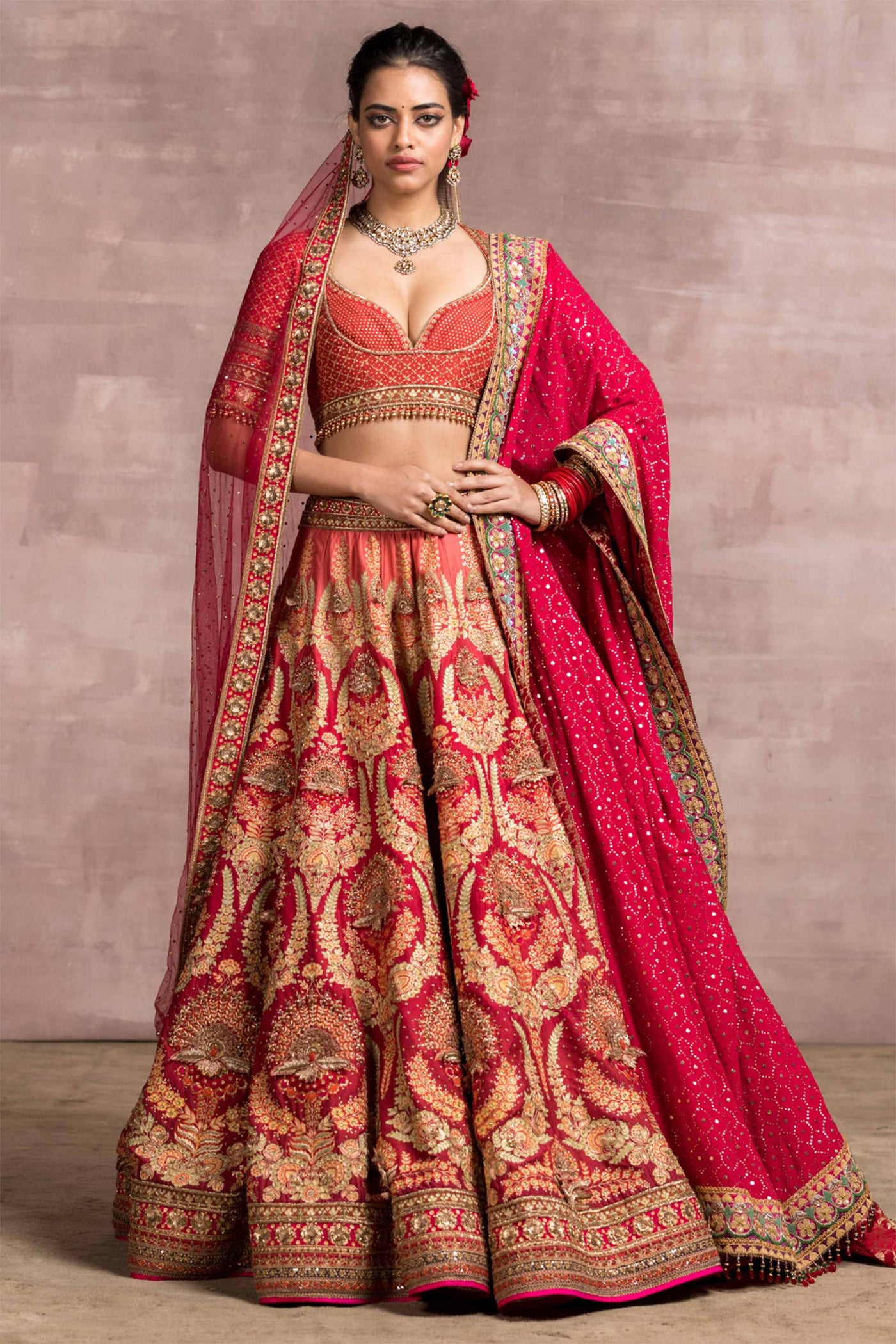 Tarun Tahiliani Ombré Zardozi Lehenga With Matching Blouse And Chiffon Dupatta red indian bridal wedding designer wear online shopping melange singapore