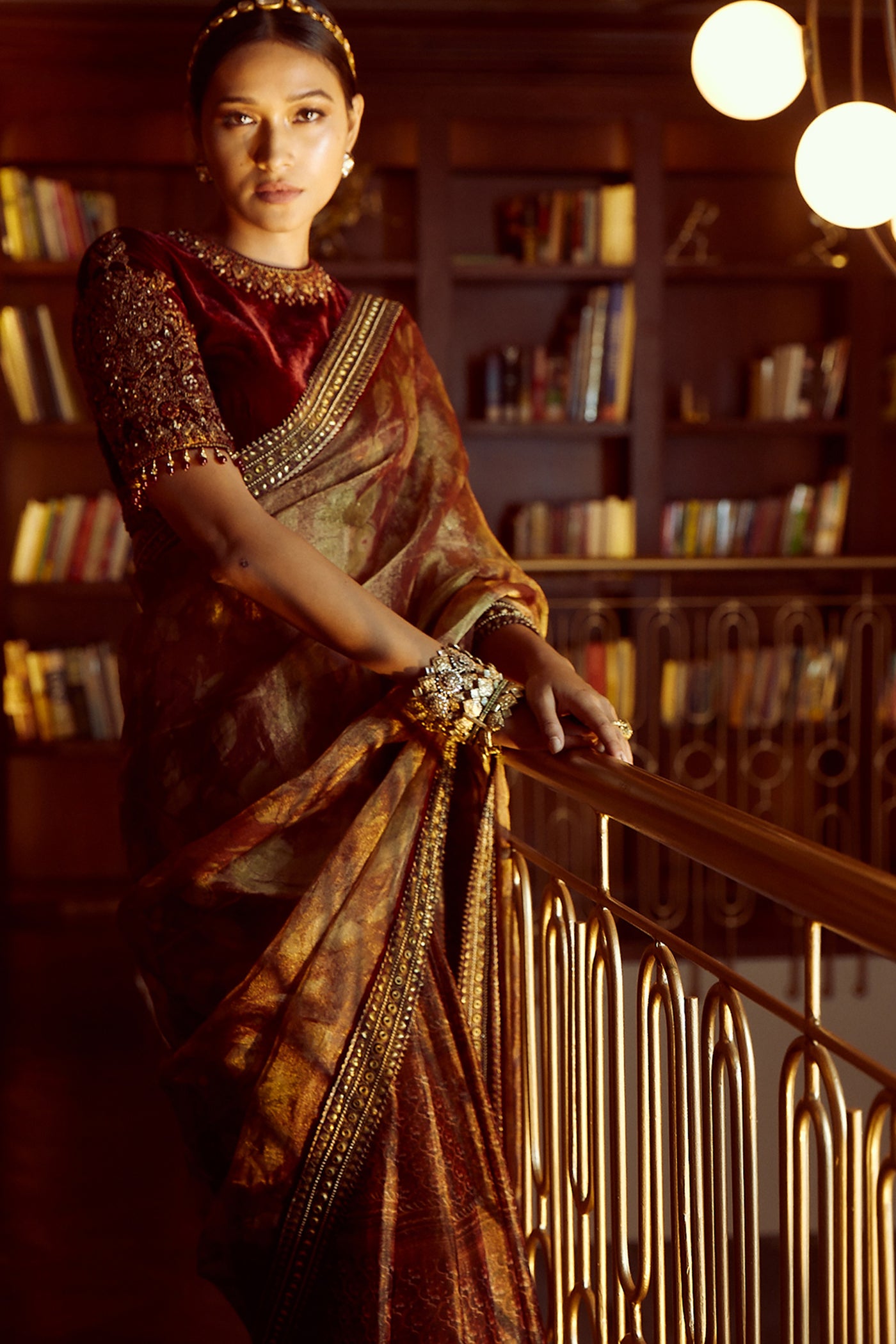 Tarun Tahiliani Printed Tissue Saree With Dori Embroidered Velvet Blouse wine festive occasion indian designer wear online shopping melange singapore