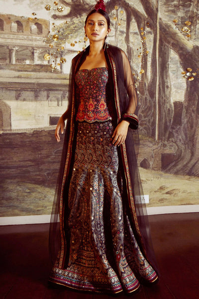 Tarun Tahiliani Panelled Printed Skirt With Aari Embroidery, Paired With Sheer Cape And Zardozi-Embroidered Corset Embellished With Fringes multicolor festive indian designer wear online shopping melange singapore 