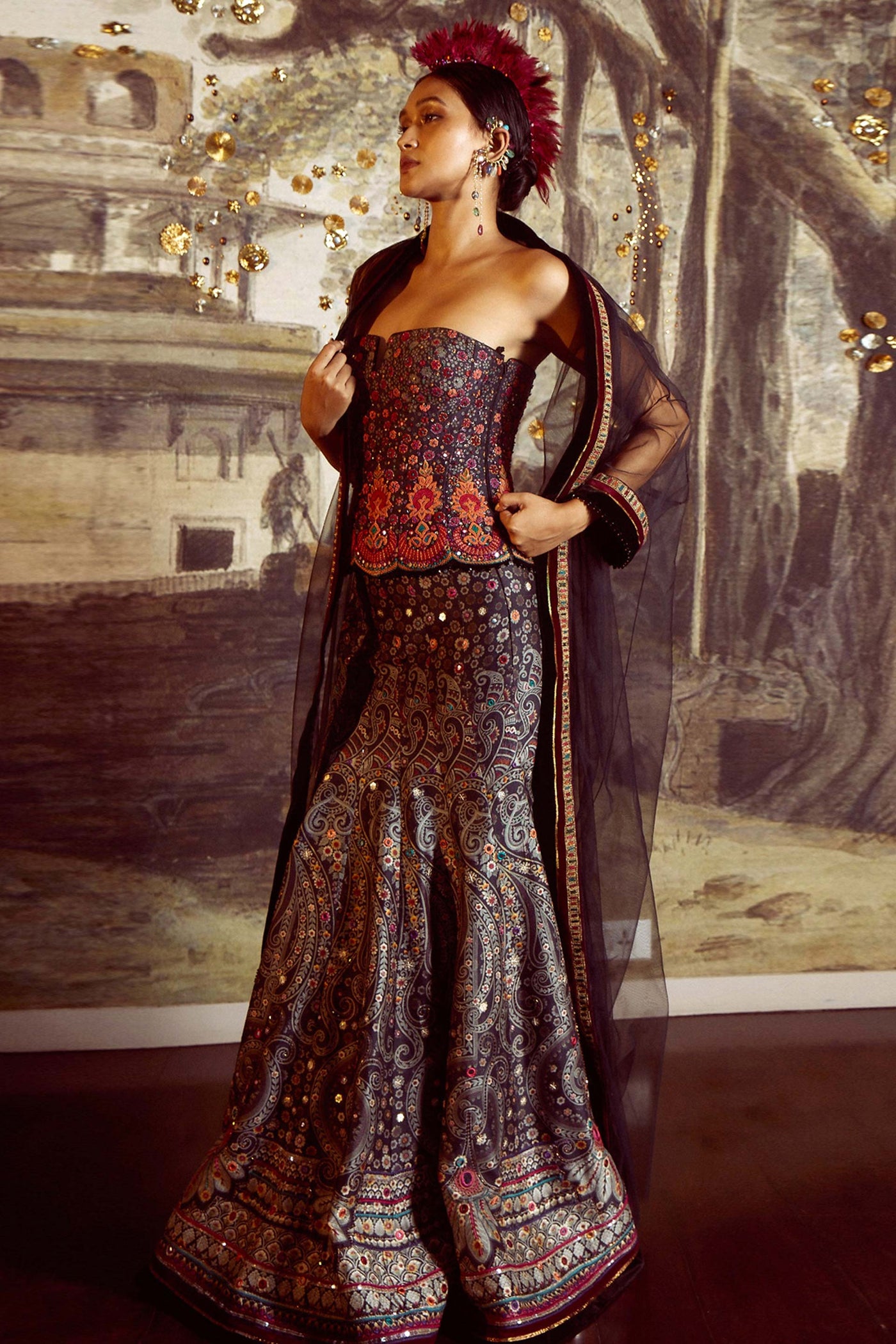Tarun Tahiliani Panelled Printed Skirt With Aari Embroidery, Paired With Sheer Cape And Zardozi-Embroidered Corset Embellished With Fringes multicolor festive indian designer wear online shopping melange singapore