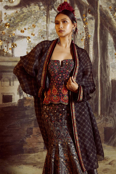 Tarun Tahiliani Panelled Printed Skirt With Aari Embroidery, Paired With Cape And Zardozi-Embroidered Corset Embellished With Fringes multicolor festive indian designer wear online shopping melange singapore