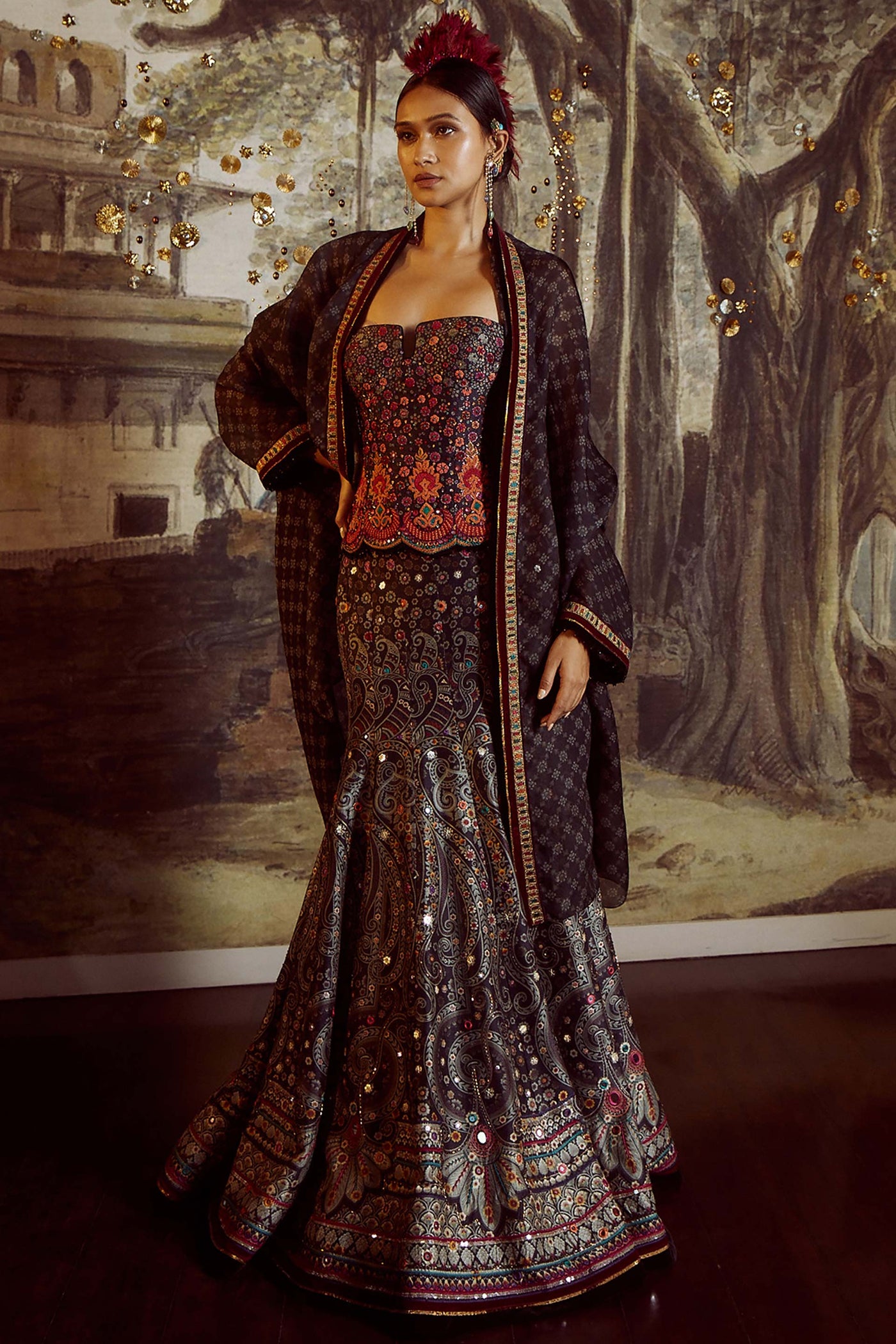 Tarun Tahiliani Panelled Printed Skirt With Aari Embroidery, Paired With Cape And Zardozi-Embroidered Corset Embellished With Fringes multicolor festive indian designer wear online shopping melange singapore 