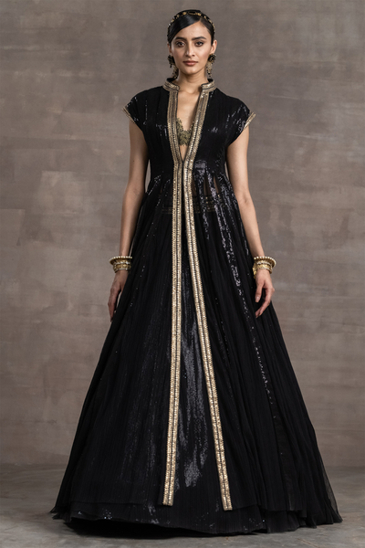 Tarun tahiliani Panelled Jacket With Bustier And Skirt black indian designer wear bridal wedding online shopping melange singapore