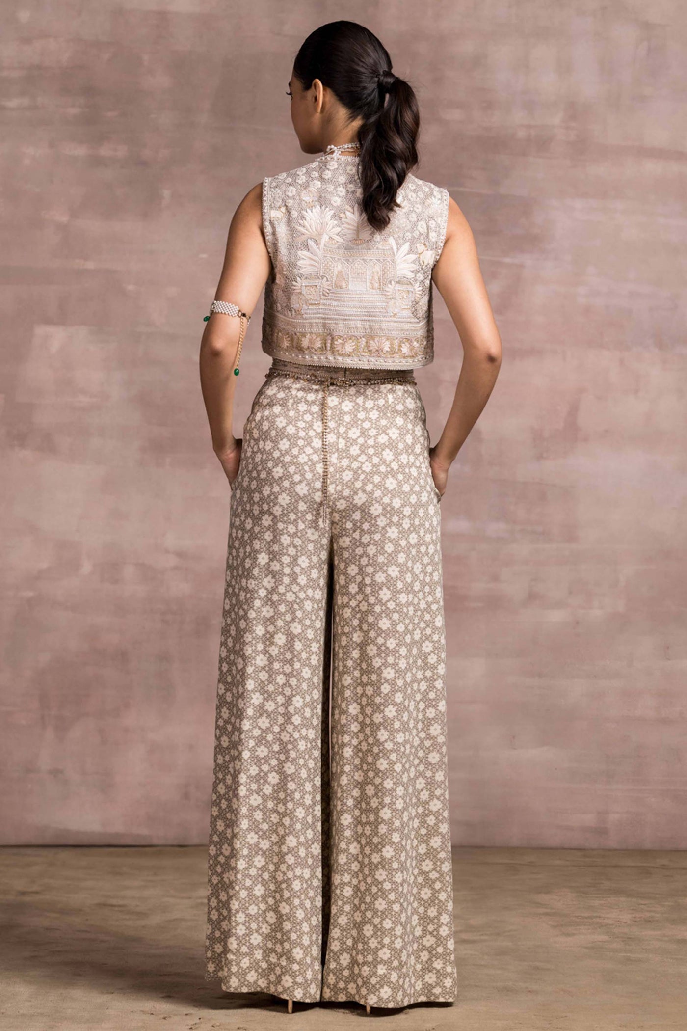 Tarun Tahiliani Pichwai Printed Jumpsuit With Pockets And Matching Embroidered Cape occasion indian designer wear online shopping melange singapore