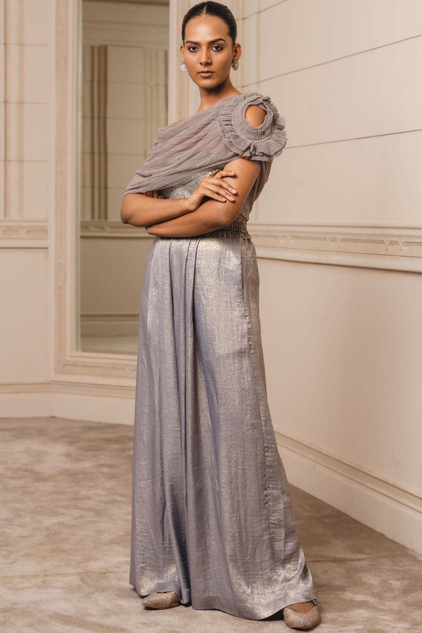 Tarun tahiliani Pleated Trousers With Draped Bustier oyster indian designer wear bridal wedding online shopping melange singapore