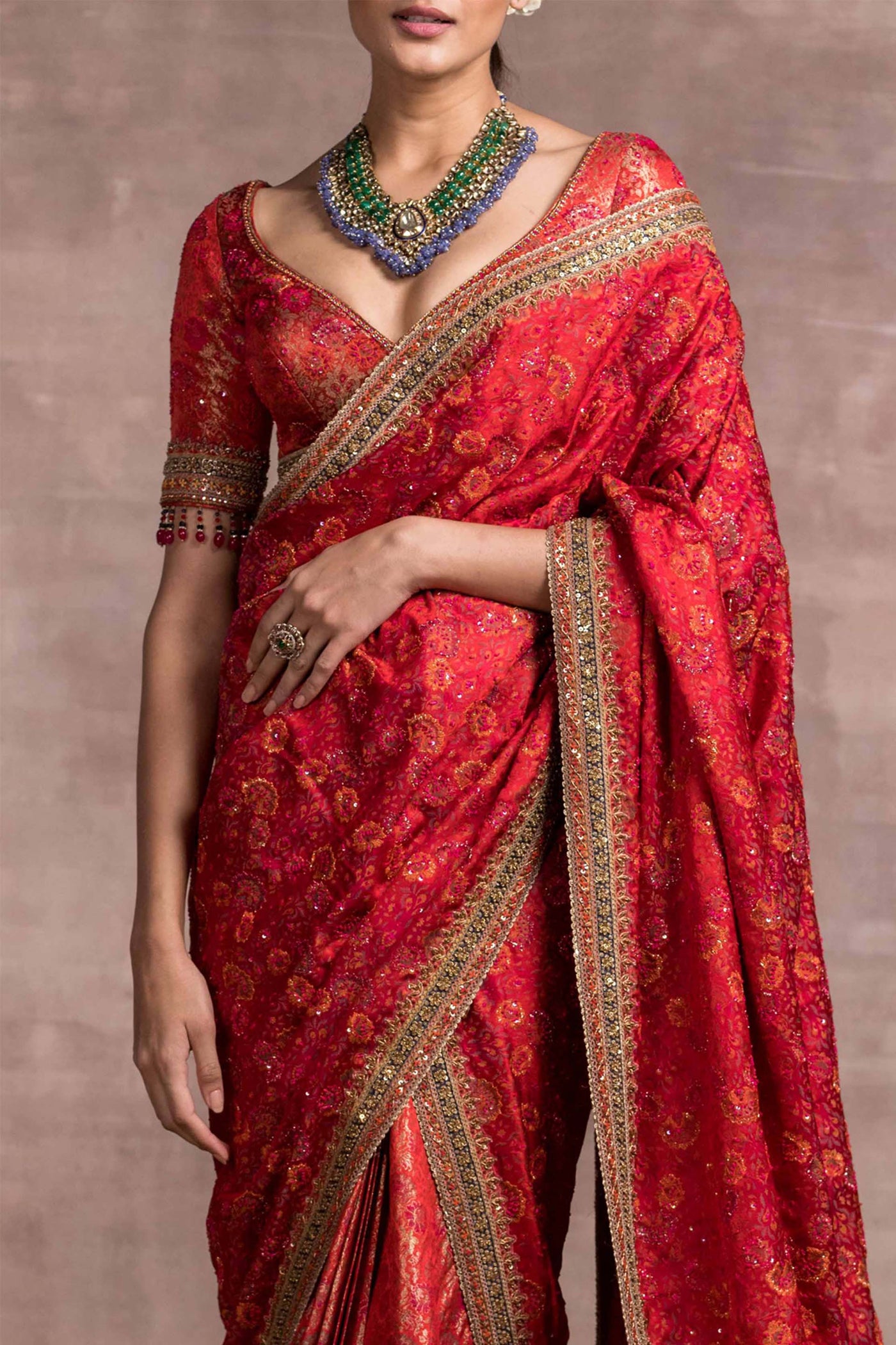 Tarun Tahiliani Pre-Pleated Brocade Skirt And Drape Paired With Brocade Blouse red festive wedding bridal indian designer wear online shopping melange singapore