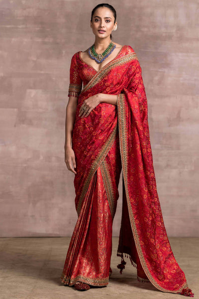 Tarun Tahiliani Pre-Pleated Brocade Skirt And Drape Paired With Brocade Blouse red festive wedding bridal indian designer wear online shopping melange singapore