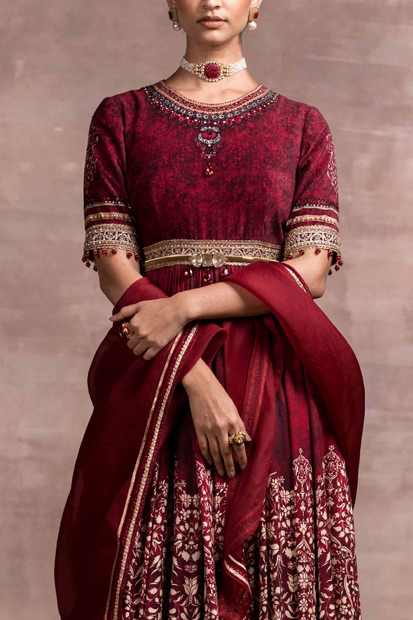 Tarun tahiliani Printed Anarkali Set With Jewelled Neckline red festive occasion indian designer wear online shopping melange singapore
