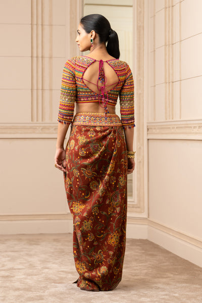 Tarun tahiliani Printed And Embroidered Draped Khadi Skirt wine yellow festive indian designer wear online shopping melange singapore