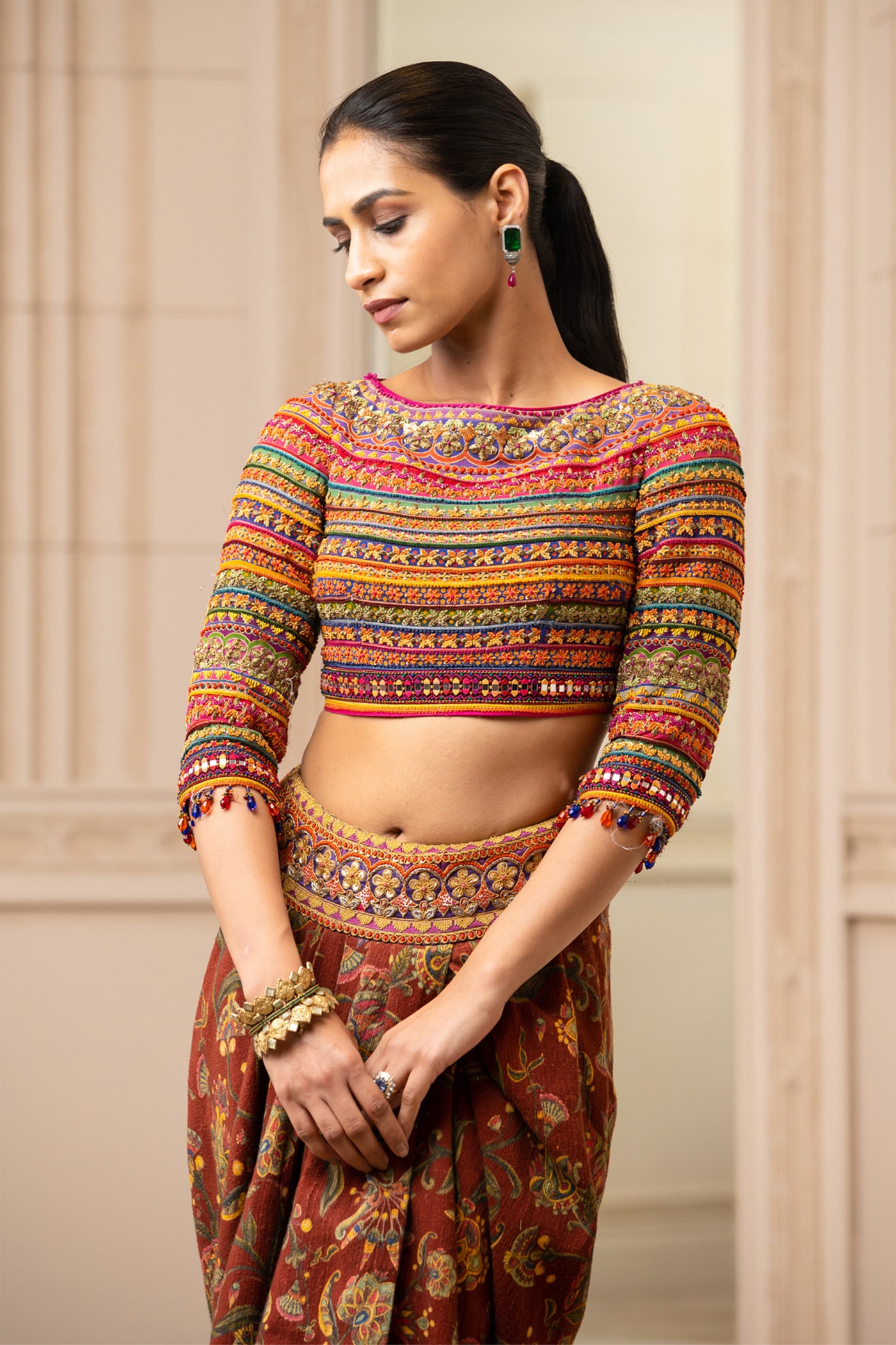 Tarun tahiliani Printed And Embroidered Draped Khadi Skirt wine yellow festive indian designer wear online shopping melange singapore