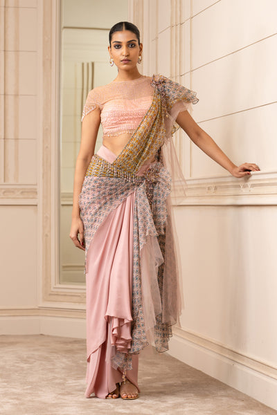 Tarun Tahiliani Printed Drape Saree With Studded Blouse blush fusion indian designer wear online shopping melange singapore