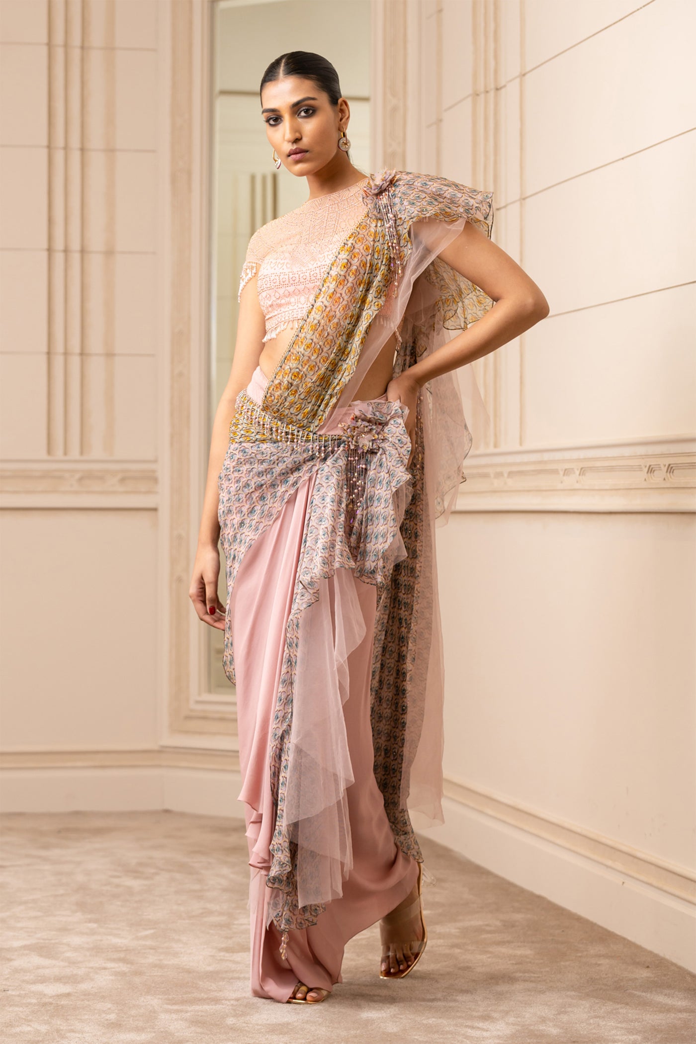 Tarun Tahiliani Printed Drape Saree With Studded Blouse blush fusion indian designer wear online shopping melange singapore