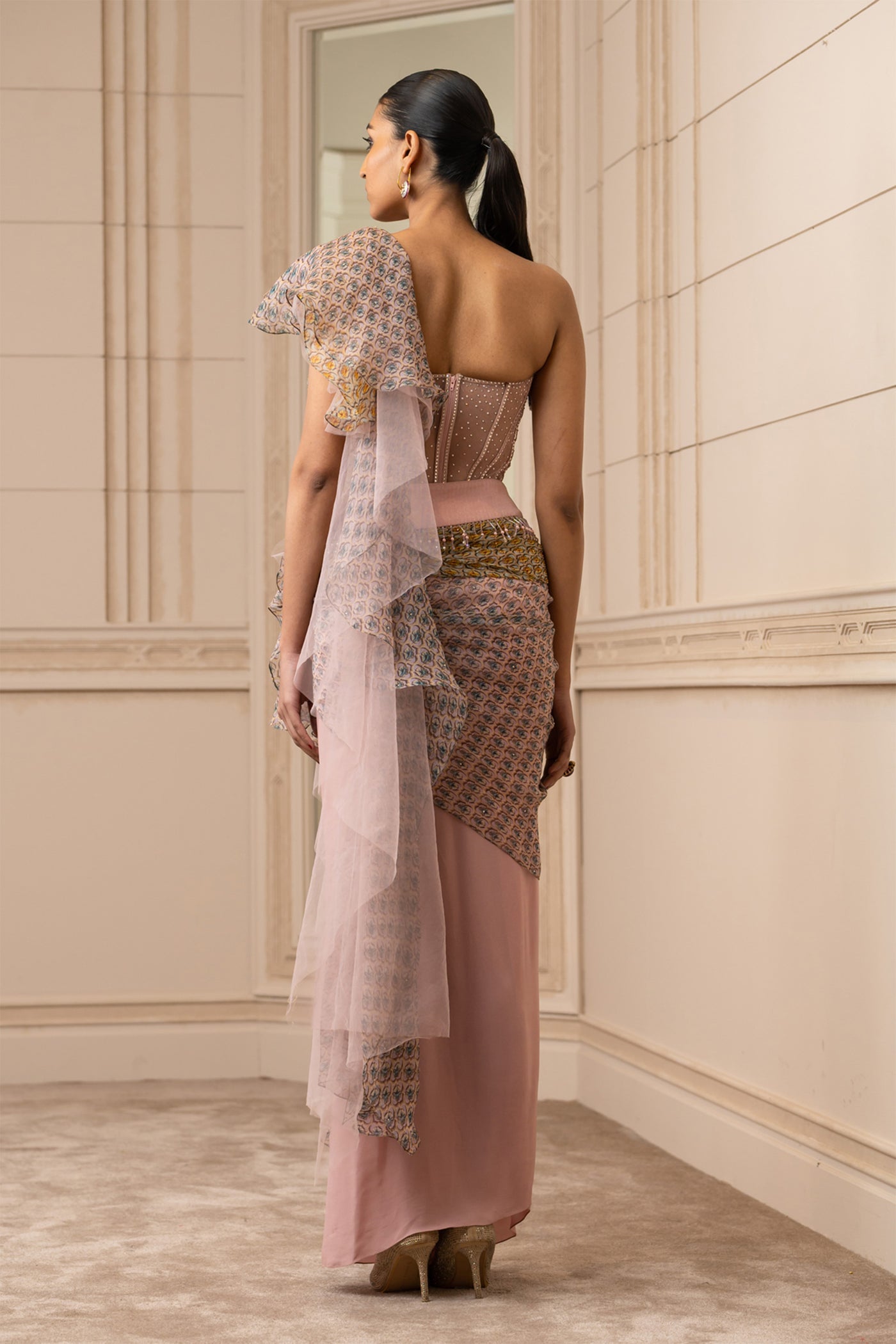 Tarun Tahiliani Printed Drape Saree With Studded Corset blush pink fusion indian designer wear online shopping melange singapore