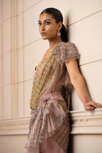 Tarun Tahiliani Printed Drape Saree With Studded Corset blush pink fusion indian designer wear online shopping melange singapore