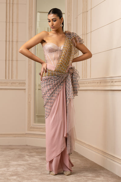 Tarun Tahiliani Printed Drape Saree With Studded Corset blush pink fusion indian designer wear online shopping melange singapore