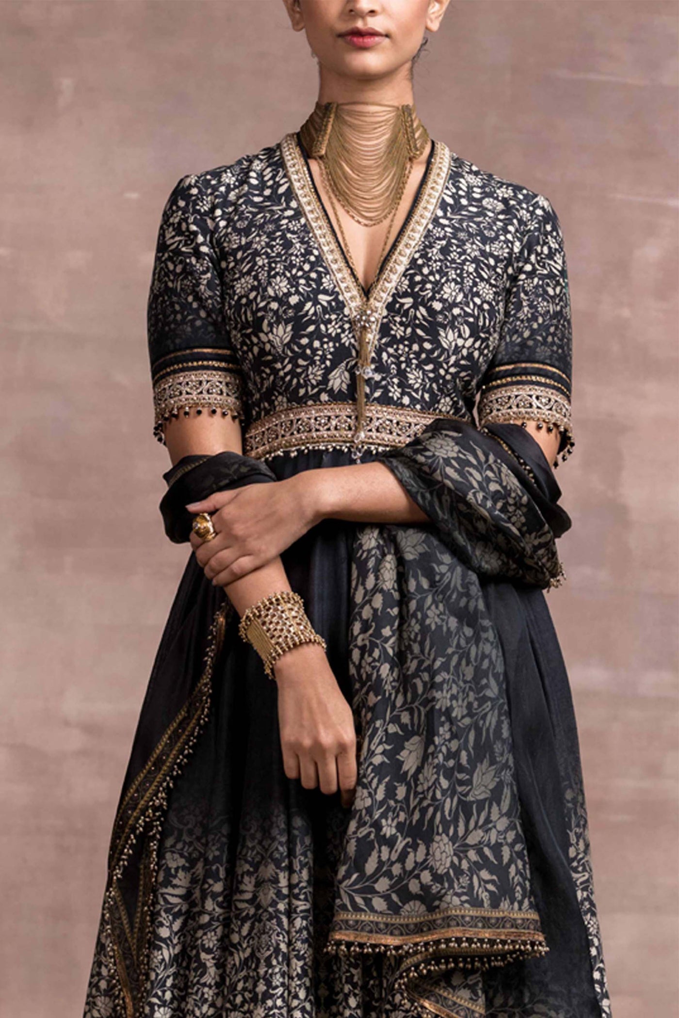 tarun tahiliani Printed High-Low Anarkali Set black festive occasion indian designer wear online shopping melange singapore