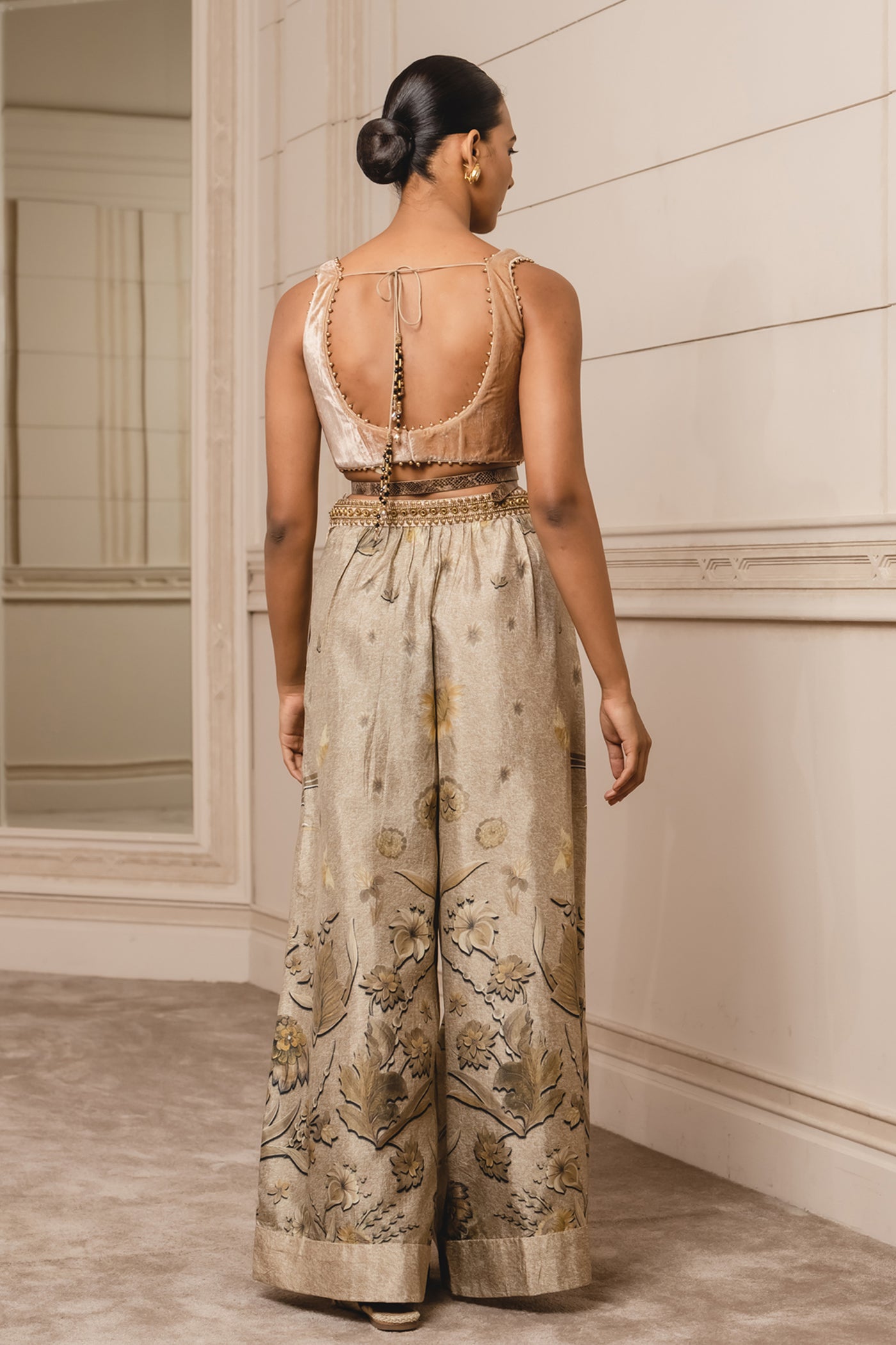 Tarun Tahiliani Printed Jacket With Bustier And Trousers gold festive indian designer wear online shopping melange singapore