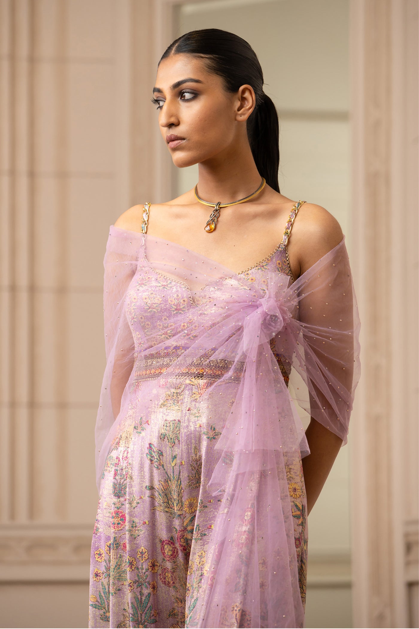 tarun tahilaini Printed jumpsuit With Drape lilac fusion indian designer wear online shopping melange singapore