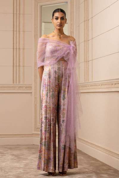 tarun tahilaini Printed jumpsuit With Drape lilac fusion indian designer wear online shopping melange singapore