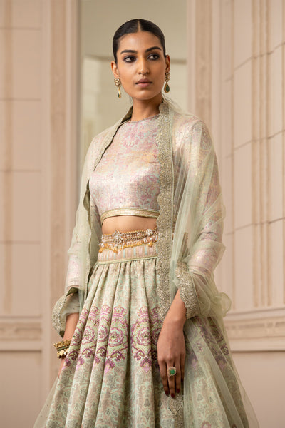 Tarun Tahiliani Printed Lehenga In Kasab Satin mint festive indian designer wear online shopping melange singapore