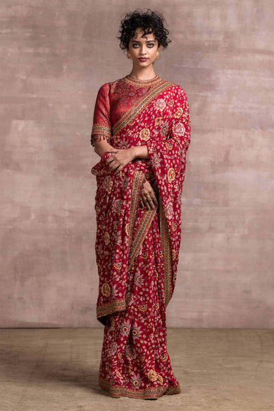 Tarun Tahiliani Printed Saree In Silk-Crepe Fabric With Hand Embroidered Brocade Blouse red festive indian designer wear online shopping melange singapore wedding bridal