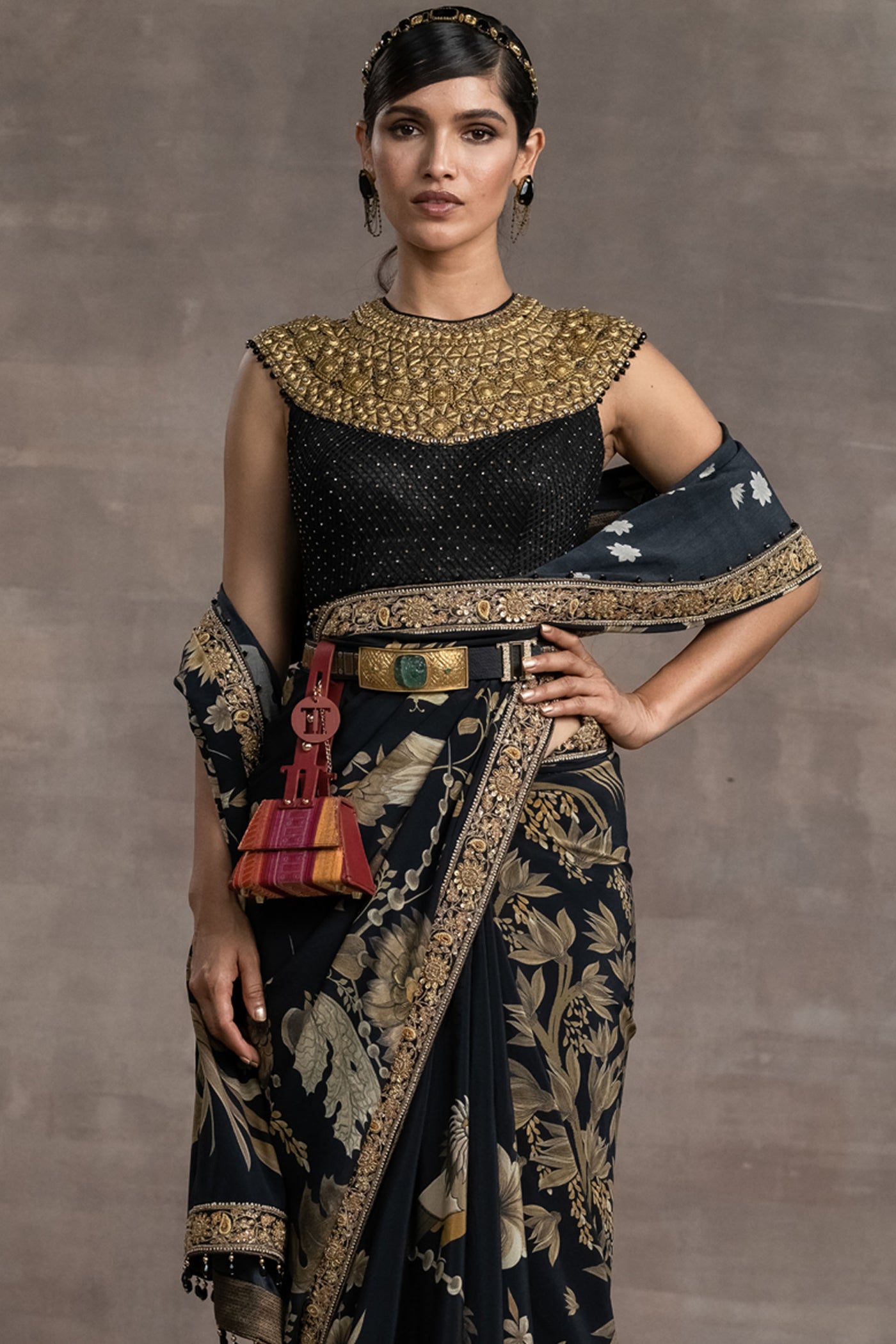 Tarun tahiliani Printed Saree With Embroidered Blouse black indian designer wear bridal wedding online shopping melange singapore