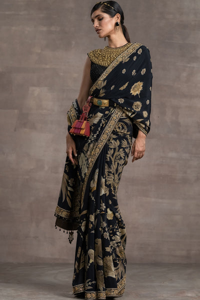 Tarun tahiliani Printed Saree With Embroidered Blouse black indian designer wear bridal wedding online shopping melange singapore