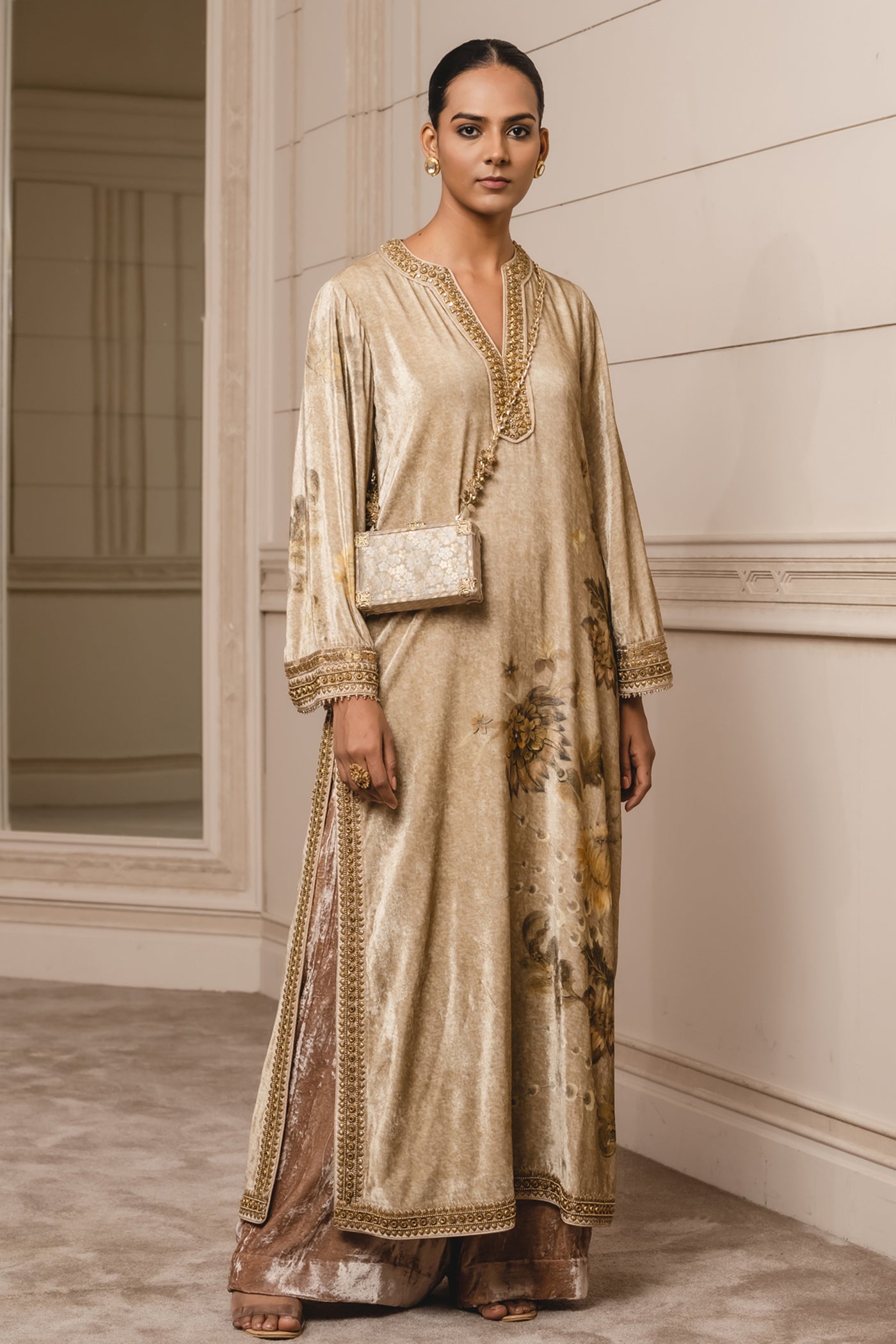Tarun Tahiliani Printed Velvet Kurta And Trousers gold festive indian designer wear online shopping melange singapore