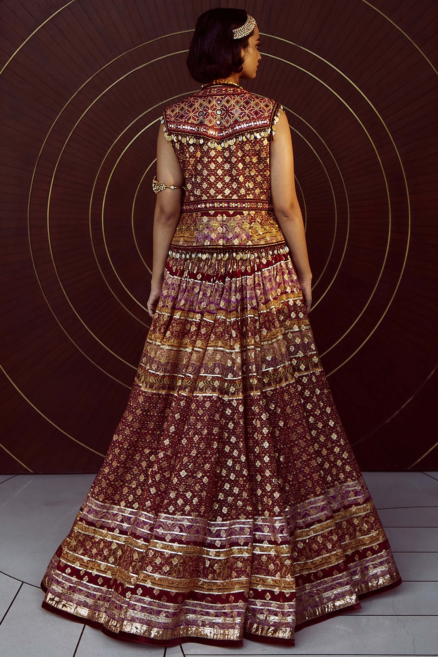 Tarun Tahiliani Resham And Mirror-Embroidered Gilet With Tribal Motifs And Shell And Coin Fringes brick red festive indian designer wear online shopping melange singapore bridal wedding