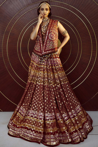 Tarun Tahiliani Resham And Mirror-Embroidered Gilet With Tribal Motifs And Shell And Coin Fringes brick red festive indian designer wear online shopping melange singapore bridal wedding