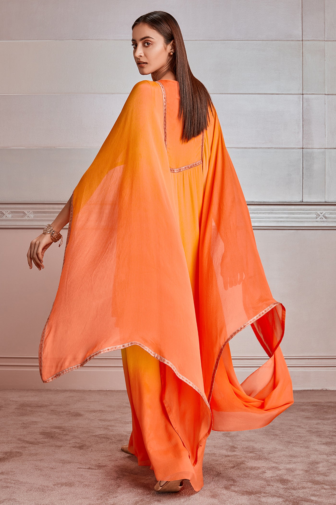 Tarun Tahiliani Shaded Kaftan With Attached Drape orange online shopping melange singapore indian designer wear