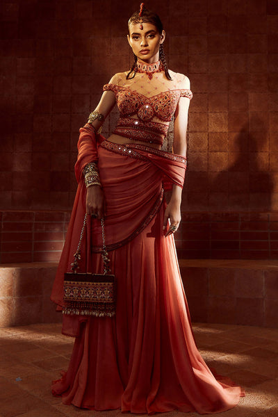Tarun Tahiliani Signature Draped Concept Saree With A Resham Border rust festive indian designer wear online shopping melange singapore