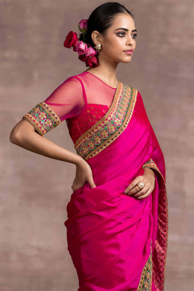 Tarun Tahiliani Saree In Shot Silk With Hand-Embroidered Border And Matching Fluted Blouse pink festive indian designer wear online shopping melange singapore