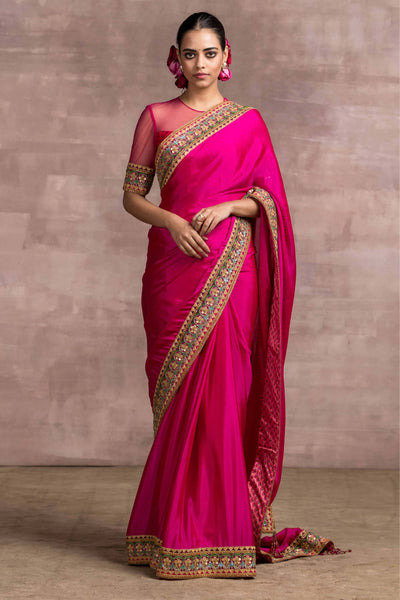 Tarun Tahiliani Saree In Shot Silk With Hand-Embroidered Border And Matching Fluted Blouse pink festive indian designer wear online shopping melange singapore