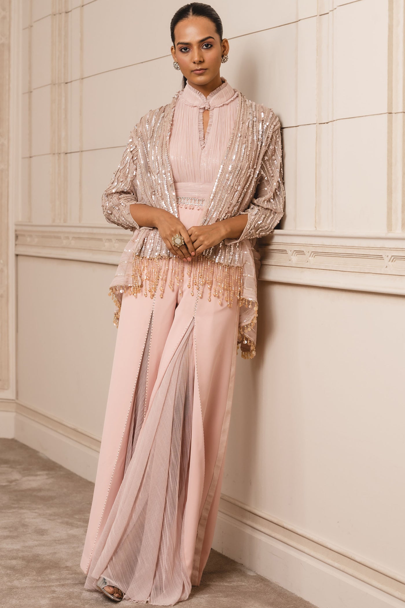 Tarun tahiliani Sequined Gilet In Crinkle Net blush indian designer wear bridal wedding online shopping melange singapore