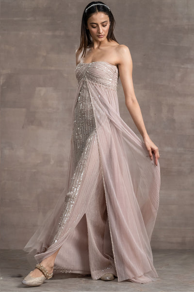 Tarun tahiliani Sequined Gown With Tulle Overlay blush indian designer wear bridal wedding online shopping melange singapore