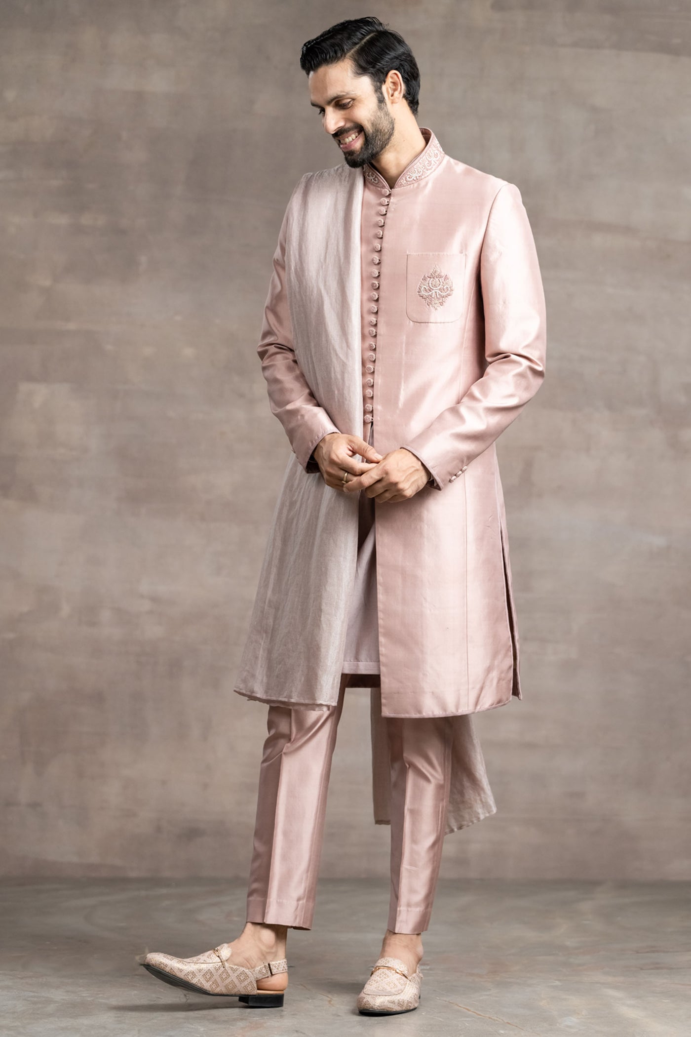 Tarun Tahiliani Sherwani In Fine Mashru Silk Fabric blush menswear designer fashion online shopping melange singapore
