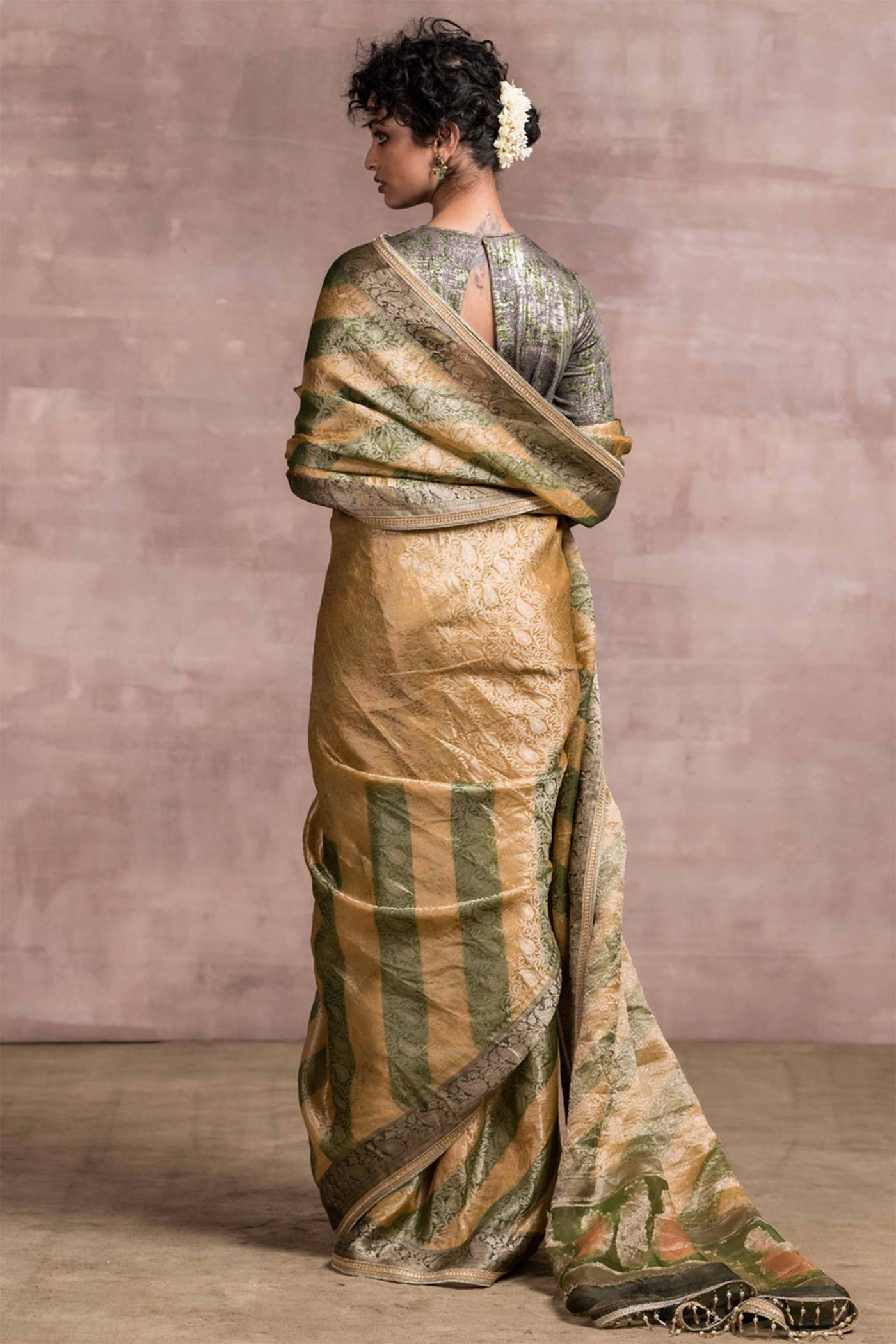 Tarun Tahiliani Striped Banarasi Saree With Full-Sleeved Printed Blouse In Foil Jersey green beige festive indian designer wear online shopping melange singapore