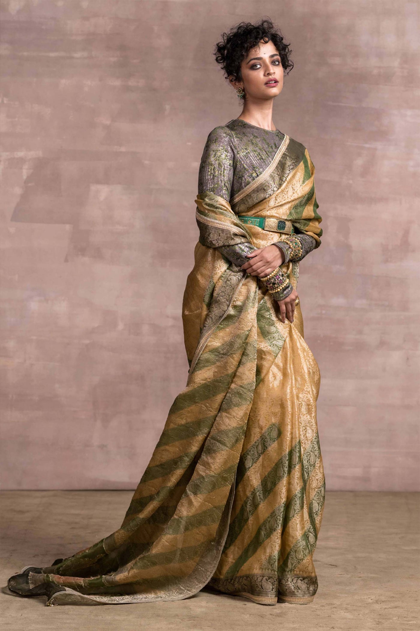Tarun Tahiliani Striped Banarasi Saree With Full-Sleeved Printed Blouse In Foil Jersey green beige festive indian designer wear online shopping melange singapore