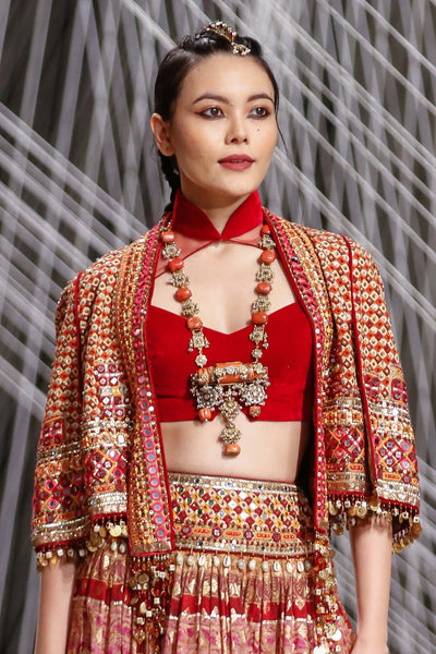 Tarun Tahiliani Stylised Patchwork Cape With Aari And Zardozi Embroidery And Coin And Shell Embellishment red festive indian designer wear online shopping melange singapore bridal wedding