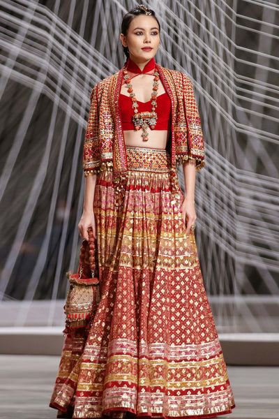 Tarun Tahiliani Stylised Patchwork Cape With Aari And Zardozi Embroidery And Coin And Shell Embellishment red festive indian designer wear online shopping melange singapore bridal wedding