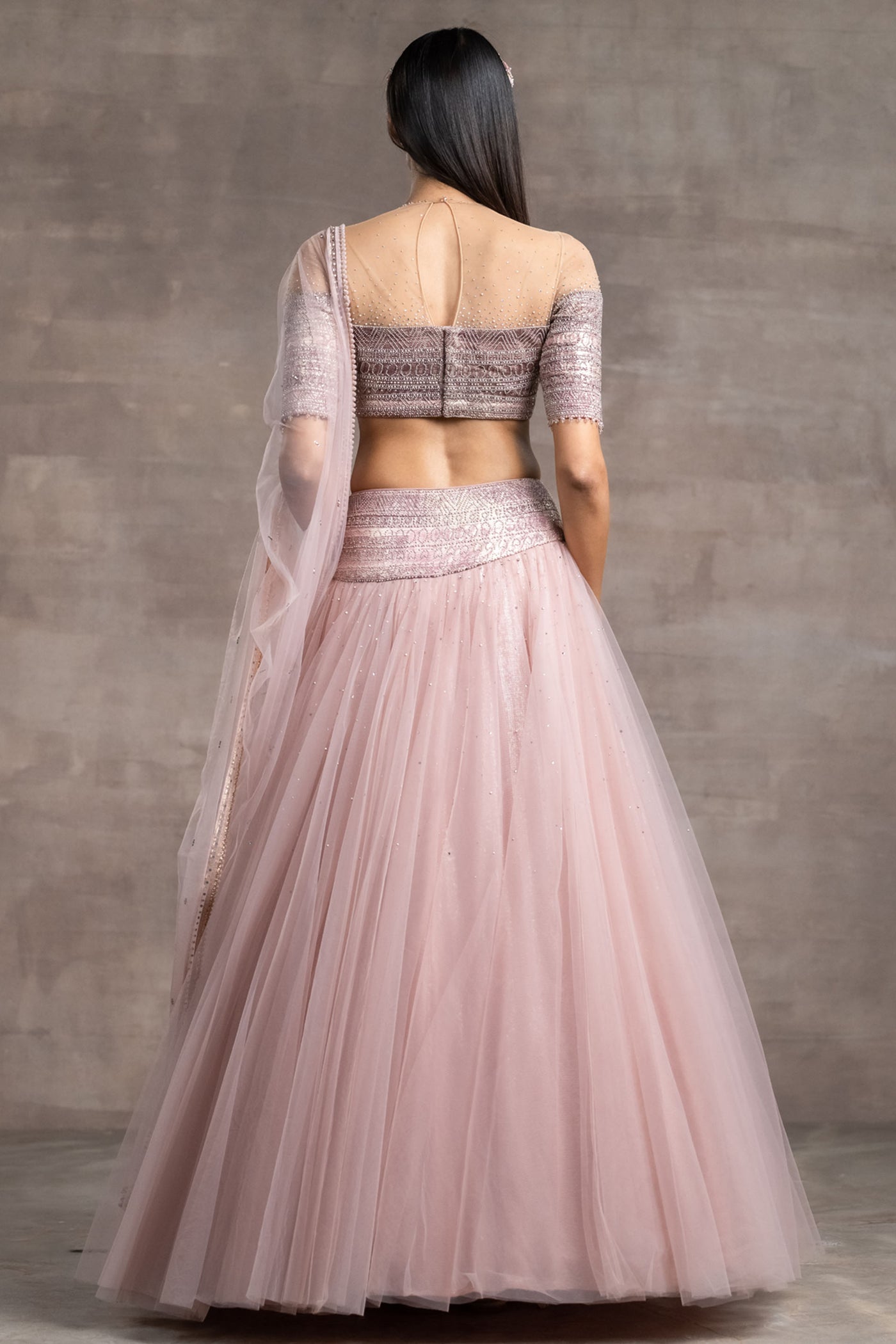Tarun tahiliani Tulle Lehenga onion pink indian designer wear bridal wedding online shopping melange singapore