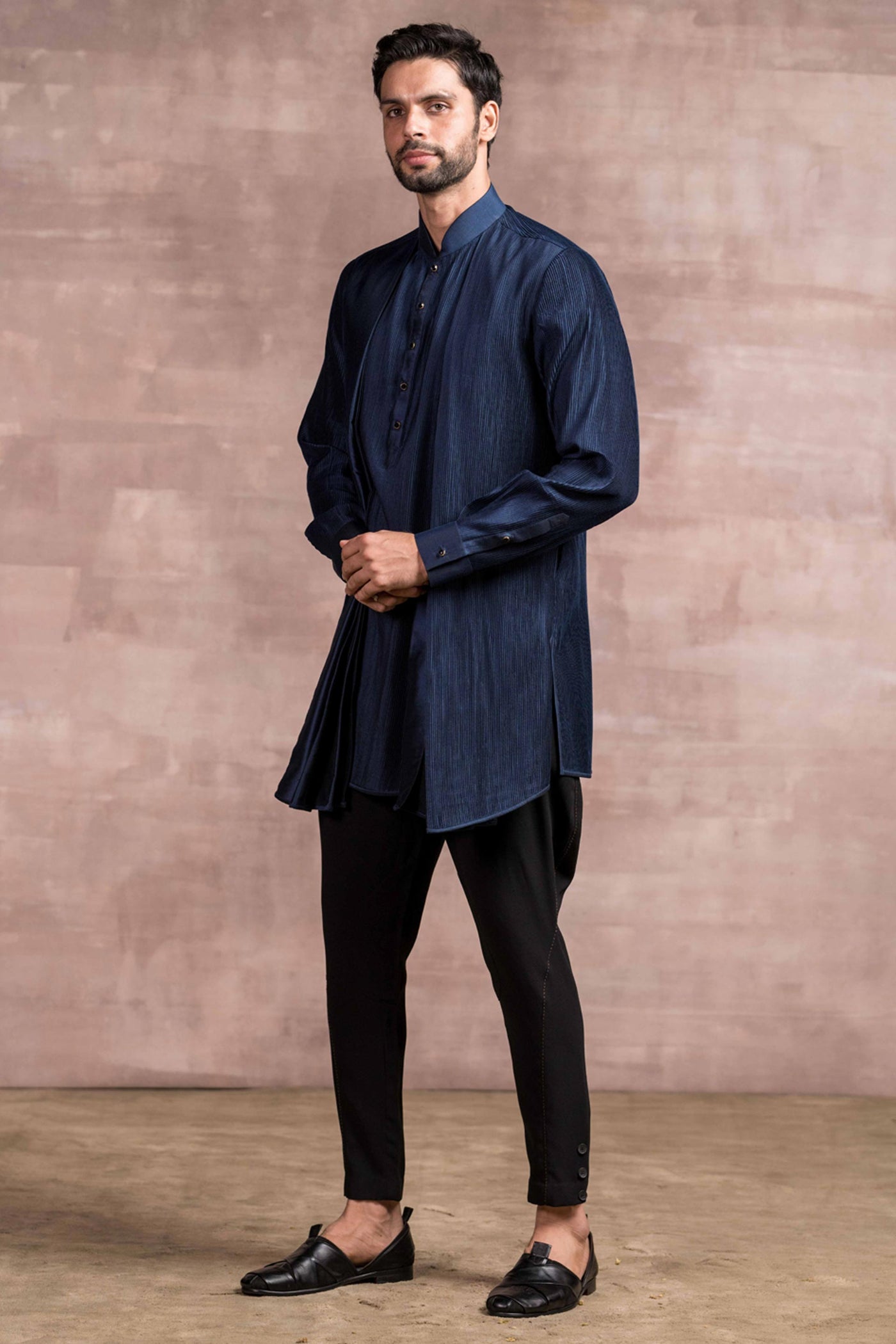 Tarun Tahiliani menswear Textured Long length Kurta With Drape In Front navy mens festive indian designer wear online shopping melange singapore