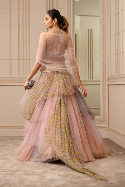 Tarun Tahiliani Tulle Cascade Lehenga With Blouse And Drape blush fusion indian designer wear online shopping melange singapore