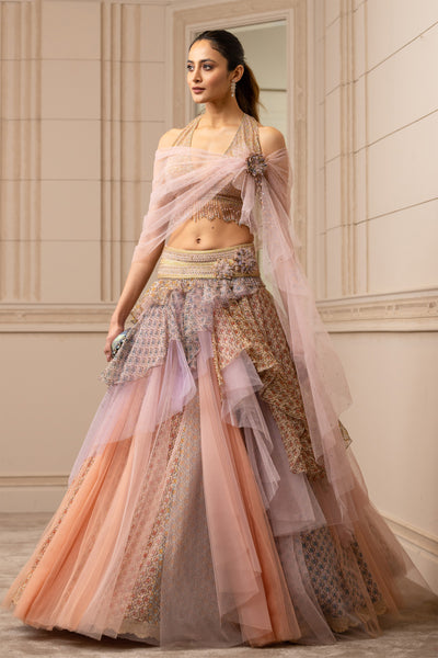 Tarun Tahiliani Tulle Cascade Lehenga With Blouse And Drape blush fusion indian designer wear online shopping melange singapore